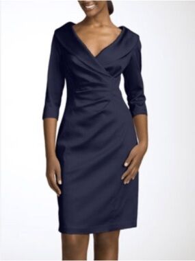 Kay Unger Navy Blue Satin Pleated 3/4 Sleeves Evening Dress Size 14 / large